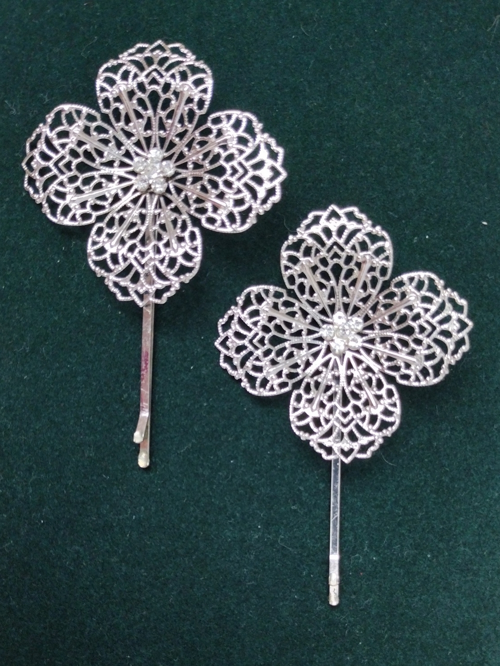 Silver Filigree Flower Hair Pins - Set of 2